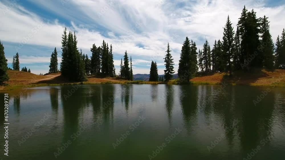 Aerial: Drone Flying Forward Over Lake Amidst Green Trees Against Cloudy Sky - Crested Butte, Colorado Aerial: Drone Flying Forward Over Lake Amidst Green Trees Against Cloudy Sky - Crested Butte, Colorado