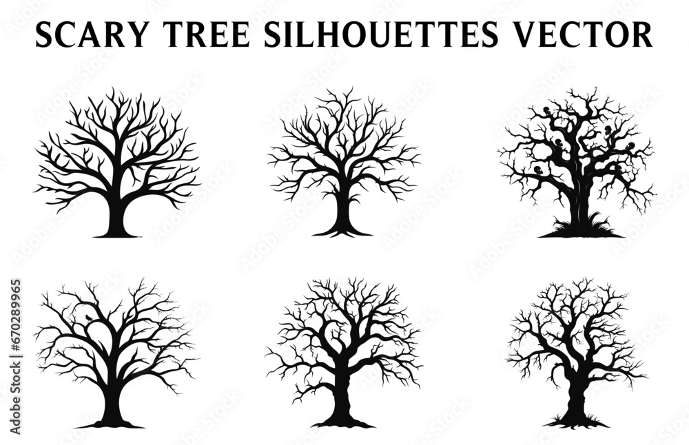 Fototapeta premium Scary Dead Tree black Silhouettes illustration Set, Halloween tree vector Bundle