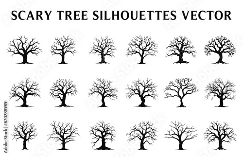 Scary Dead Tree black Silhouettes illustration Set, Halloween tree vector Bundle