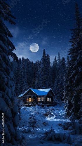 night winter landscape of nature, a lonely hut among the snowfall in the forest mountains, the shelter of a forester in the north, dark blue evening vertical panorama