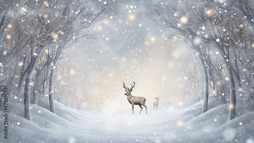 greeting card for christmas, deer in the winter forest, illustration of new year decoration © kichigin19