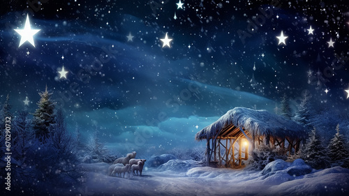 Print op canvas christmas nativity scene, illustration, christmas eve greeting card