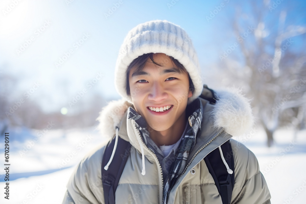 A young asian male is playing happily with the snow with in a winter coat with a winter hat in a in snow covered country landscape during day in winter on a bright and sunny day A young asian male is playing happily with the snow with in a winter coat with a winter hat in a in snow covered country landscape during day in winter on a bright and sunny day