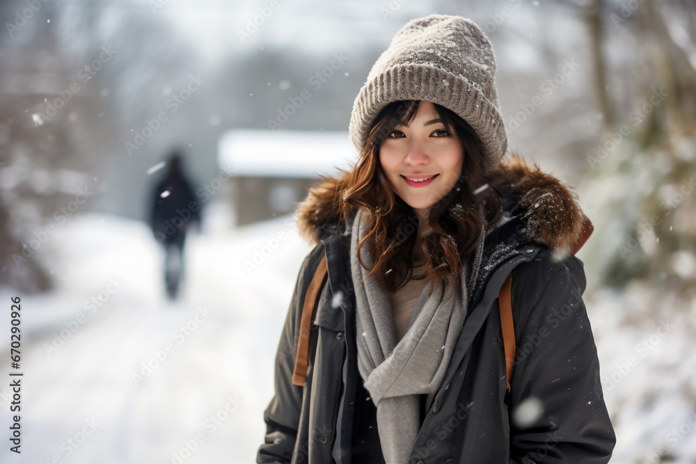 A young asian woman is walking happily with a winter coat and a winter hat in a in snow covered country landscape during day in winter while snowing A young asian woman is walking happily with a winter coat and a winter hat in a in snow covered country landscape during day in winter while snowing