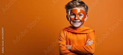 Kid wearing costume in the style of superheroes.
