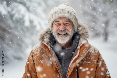 A senior caucasian male is playing happily with the snow with in a winter coat with a winter hat in a in snow covered forest during day in winter while snowing