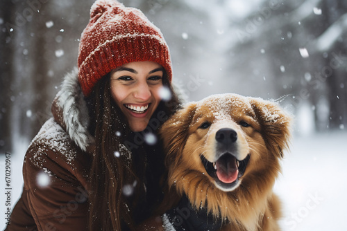 A young latin woman is playing happily with the dog in the snow with a winter coat and winter hat in a in snow covered forest during day in winter while snowing