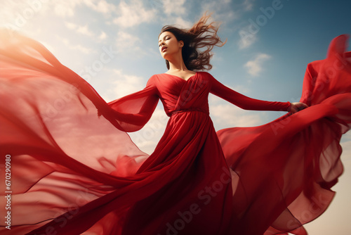 A beautiful stunning asian woman is spreading her arms while wearing a dress with eyes closed with flying waving red fabric with a sky as background ; a full waving red dress photo