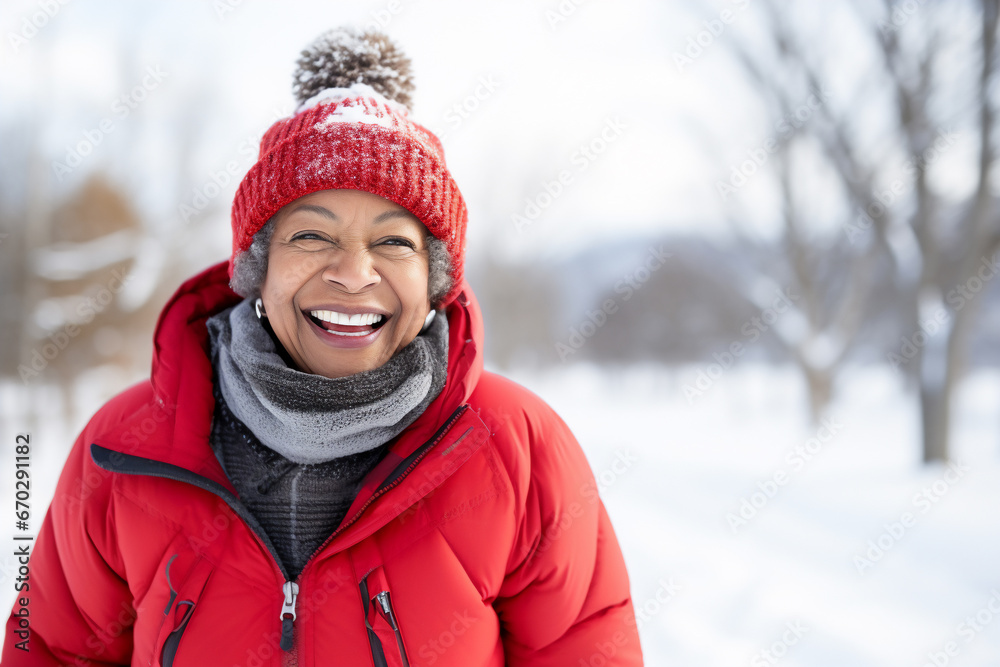 A senior african american woman is playing in the snow happily with a winter coat and a winter hat in a in snow covered country landscape during day in winter on a bright day