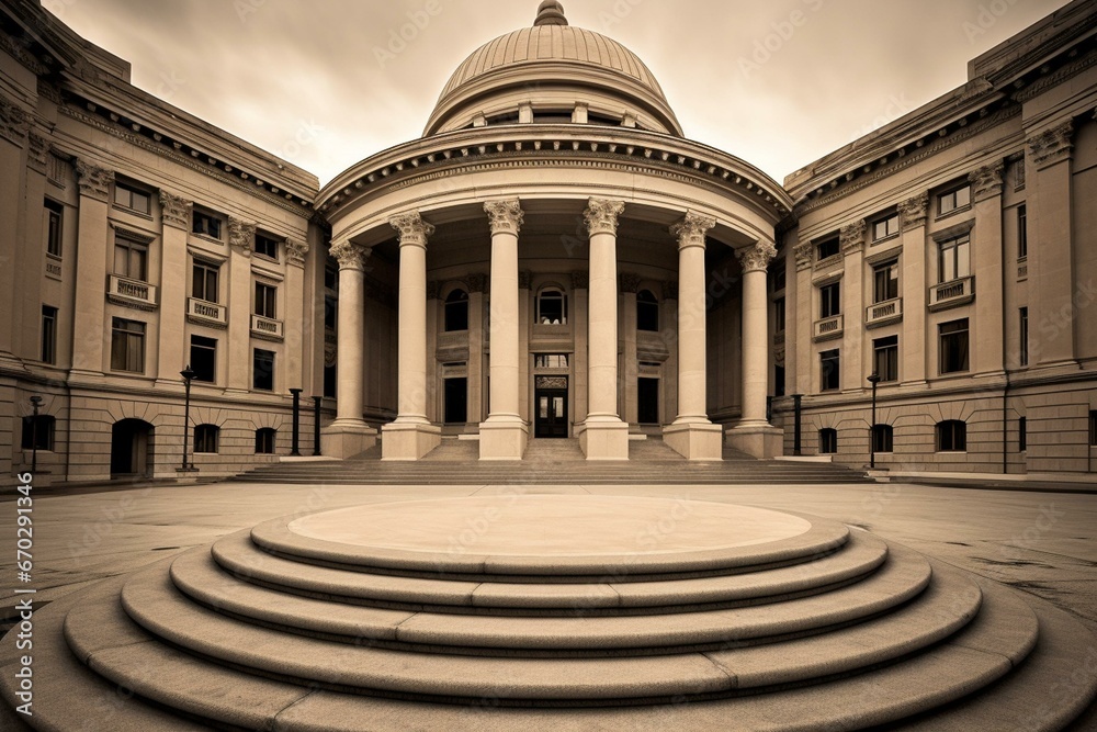 A building with columns and a dome, located outside a court of law. Generative AI
