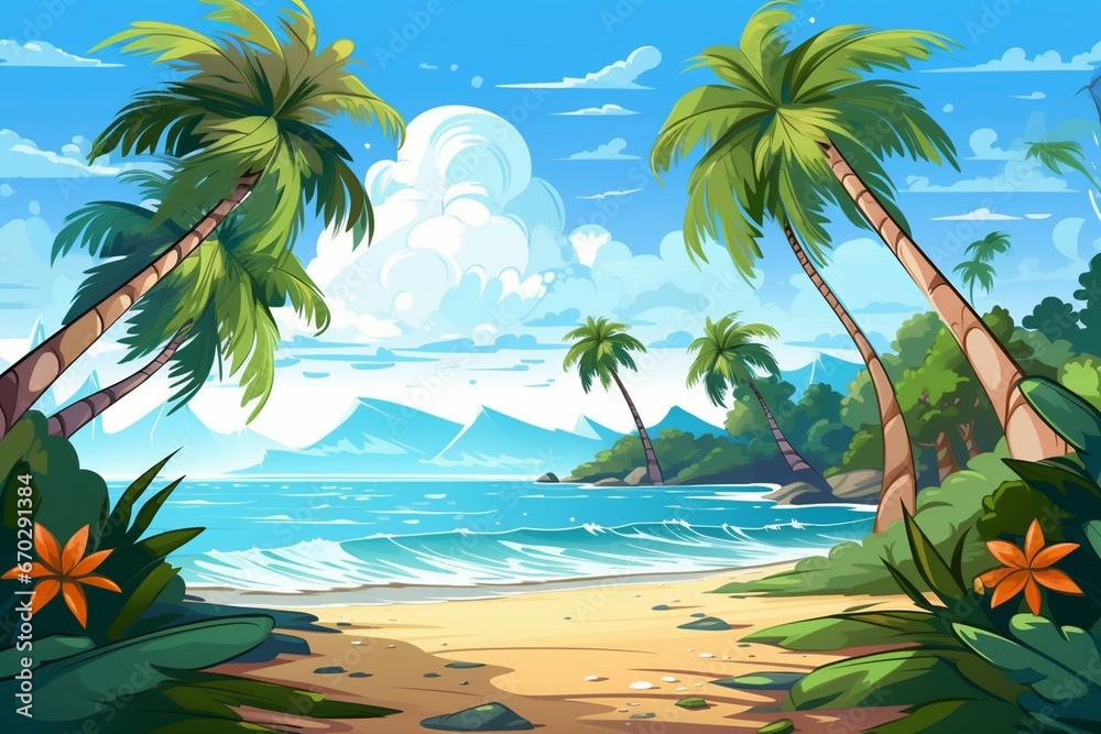 Cartoon beach scene with sunny summer sea, white sand, palm leaves, and coconut trees. Generative AI