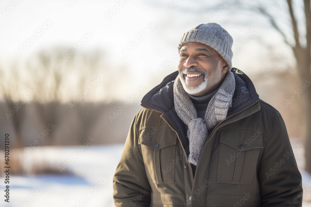 A senior african american male is walking happily with in a winter coat with a winter hat in a in snow covered country landscape during day in winter on a bright and sunny day A senior african american male is walking happily with in a winter coat with a winter hat in a in snow covered country landscape during day in winter on a bright and sunny day