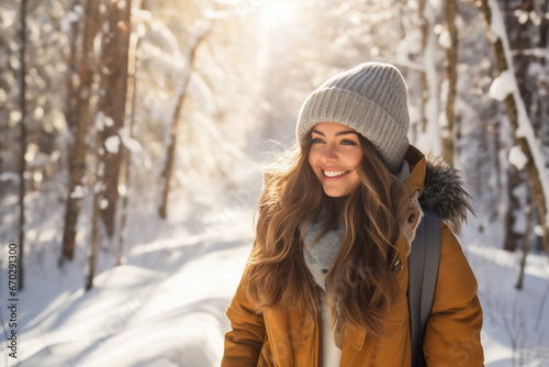 A young latin woman is walking happily with a winter coat and a winter hat in a in snow covered forest during day in winter on a bright day