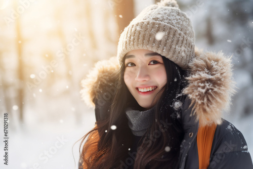 A young asian woman is playing in the snow happily with a winter coat and a winter hat in a in snow covered forest during sunset in winter while snowing
