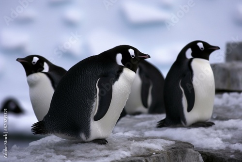 Penguins in frigid zones. Generative AI © Leila