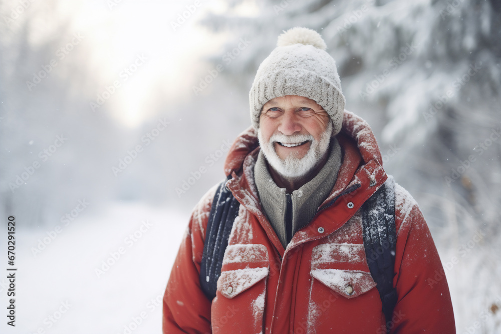 Obraz premium A senior caucasian male is walking happily with in a winter coat with a winter hat in a in snow covered country landscape during day in winter while snowing