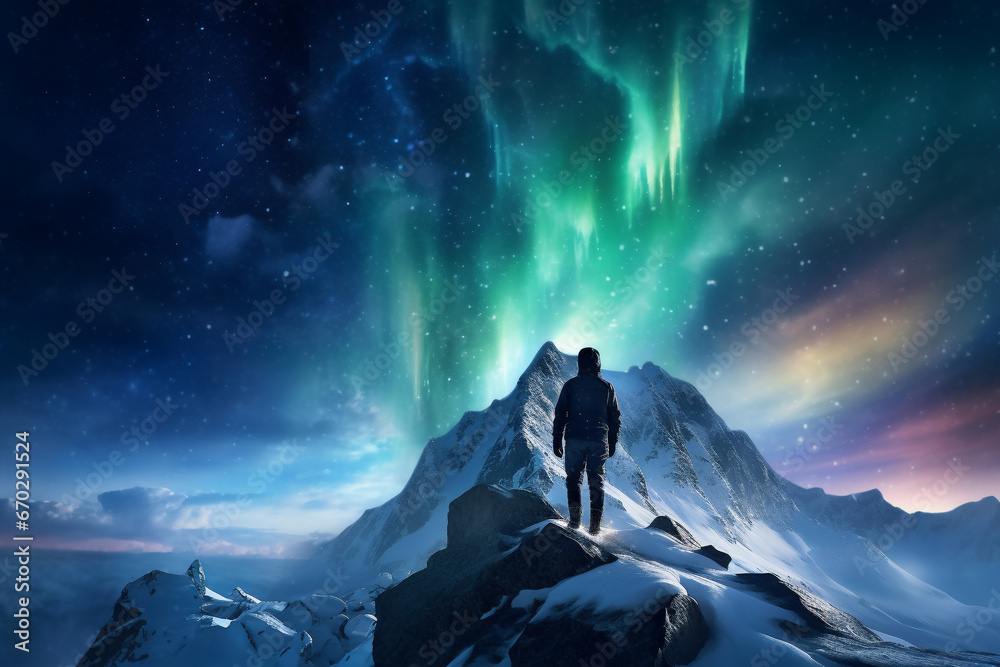 A close up of a male mountaineer is standing on the top of a mountain with a thick coat on a in snow covered mountain hill with northern lights with a trail of footsteps