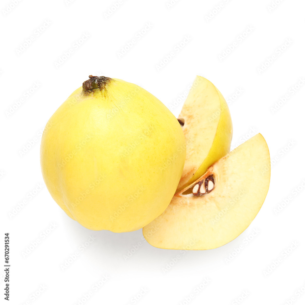 Fresh quince with cut pieces on white background Fresh quince with cut pieces on white background