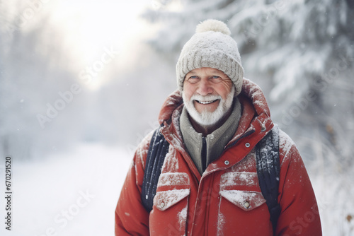 A senior caucasian male is walking happily with in a winter coat with a winter hat in a in snow covered country landscape during day in winter while snowing