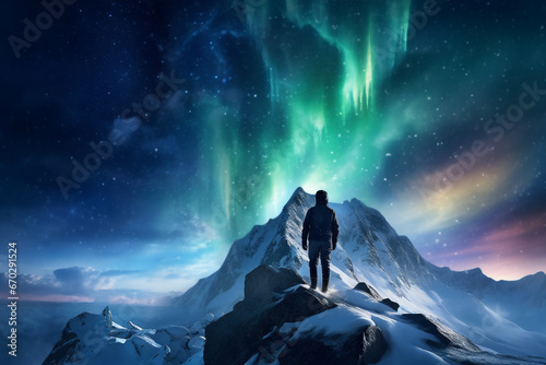 A close up of a male mountaineer is standing on the top of a mountain with a thick coat on a in snow covered mountain hill with northern lights with a trail of footsteps