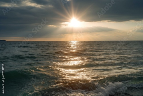 serene sea with stunning sunbeams. Generative AI