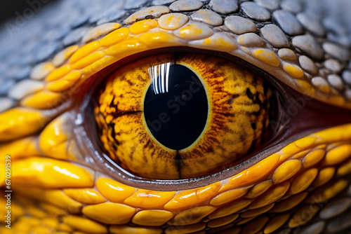 A close up of a lizard eye: is a stunning photo macro with of an eyeball with a yellow iris and round shaped pupil and light colored scaly skin : a detailed eyeball close up