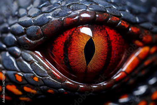 A close up of a snake eye: is a stunning photo macro with of an eyeball with a red iris and vertical slit shaped pupil and dark scaly skin : a detailed eyeball close up photo