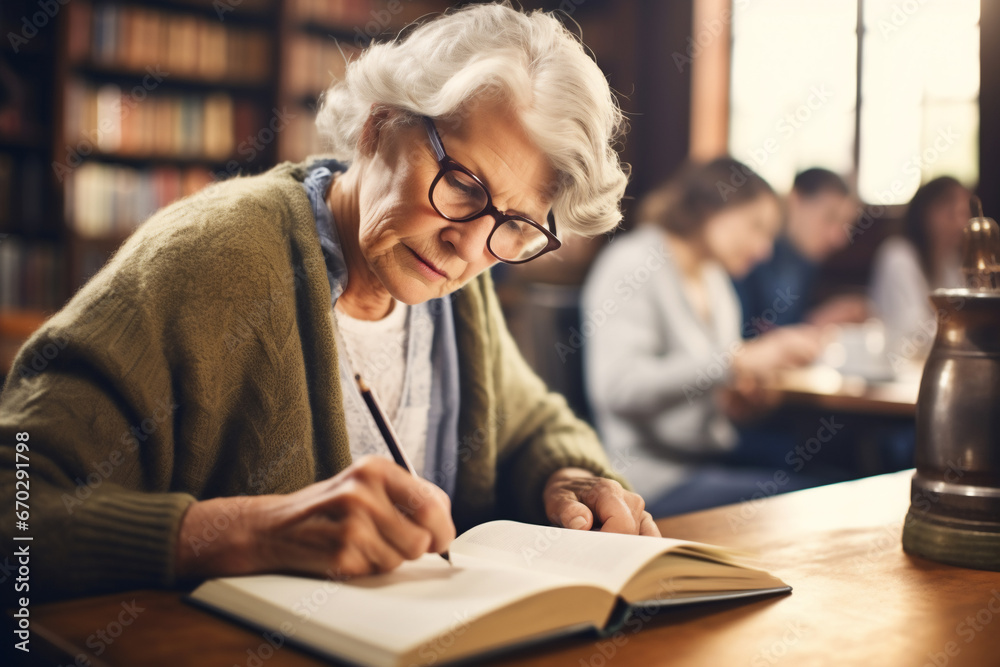 A senior female caucasian student is studying while wearing glasses with a book in a busy school library on a table while writing in a notebook A senior female caucasian student is studying while wearing glasses with a book in a busy school library on a table while writing in a notebook