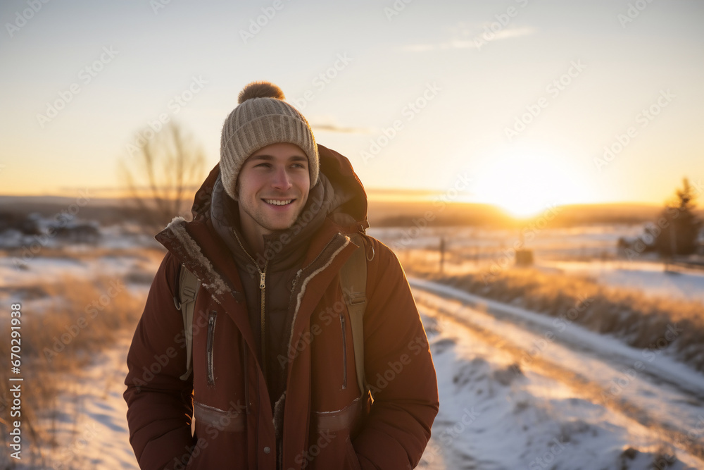 A young caucasian male is walking happily with in a winter coat with a winter hat in a in snow covered country landscape during sunset in winter on a bright and sunny day