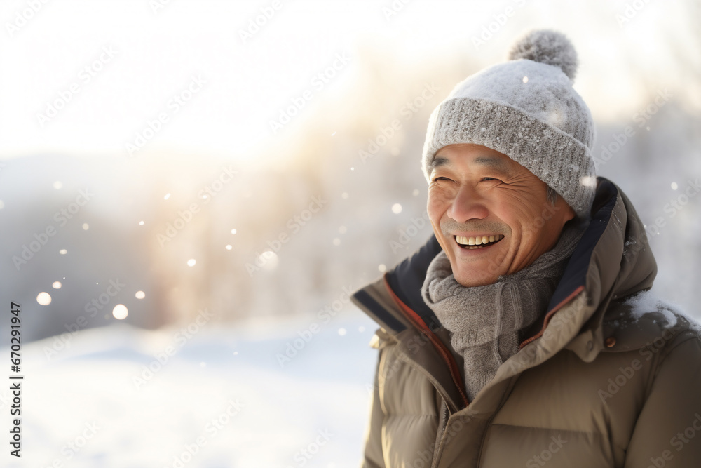 A senior asian male is playing happily with the snow with in a winter coat with a winter hat in a in snow covered country landscape during sunset in winter while snowing A senior asian male is playing happily with the snow with in a winter coat with a winter hat in a in snow covered country landscape during sunset in winter while snowing
