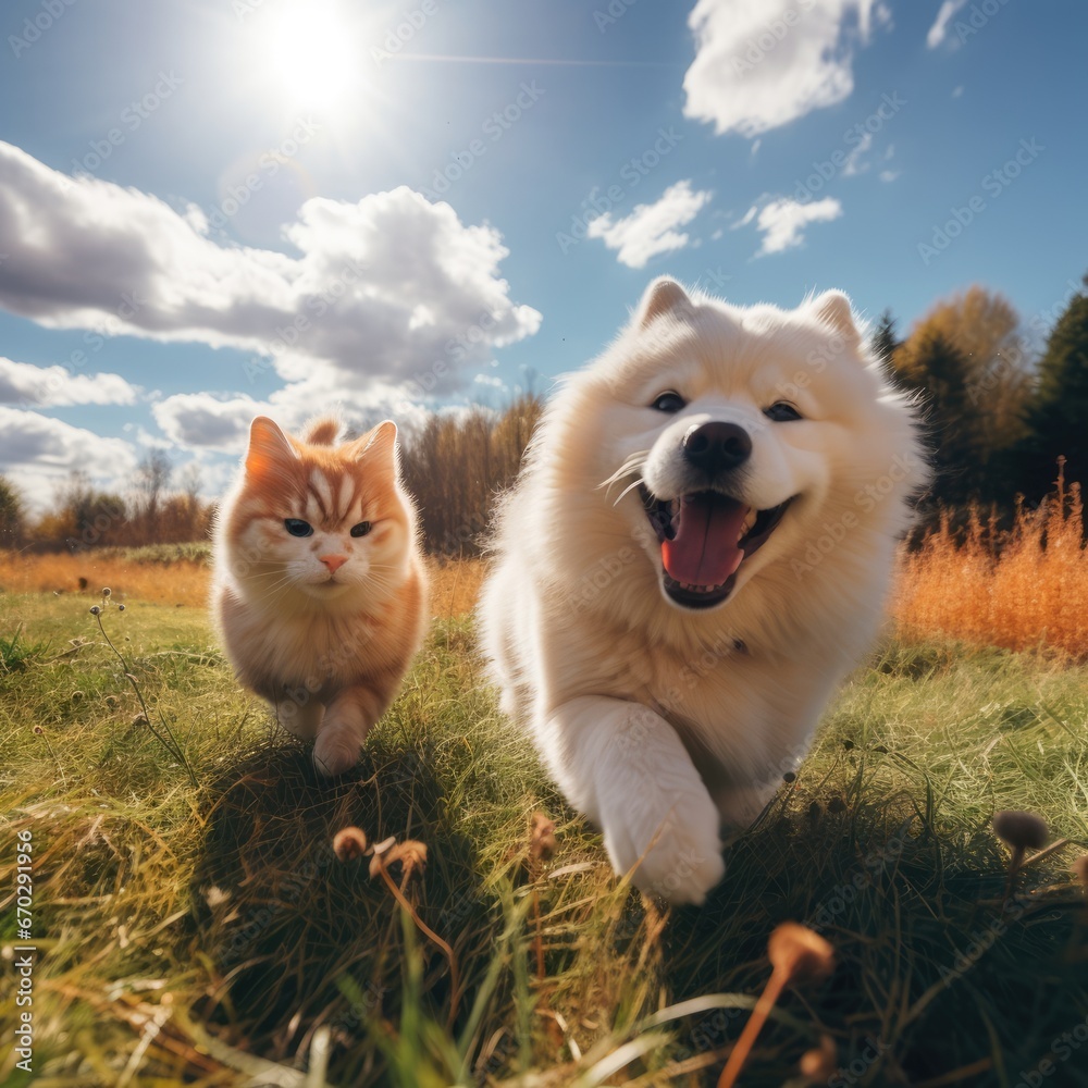 a dog and cat running in a grassy field.
