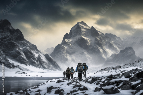 A close up of a group of tourist mountaineers and their guide are hiking to a rock in front of a mountain lake with thick coats on a in snow covered mountain hill with trails of footsteps in a snowsto