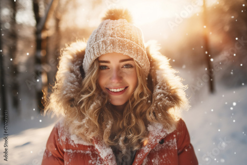 A young caucasian woman is posing in front of the camera happily with a winter coat and a winter hat in a in snow covered forest during sunset in winter while snowing