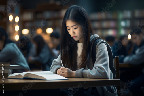 A young female asian student is studying concentrated with a book in a busy school library on a table while writing in a notebook