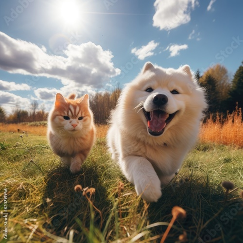 a dog and cat running in a grassy field.