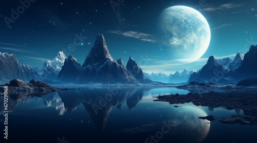 A crystal-clear lake on an alien moon, reflecting the surrounding jagged crystal mountains in perfect symmetry.