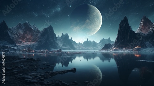 A crystal-clear lake on an alien moon, reflecting the surrounding jagged crystal mountains in perfect symmetry.