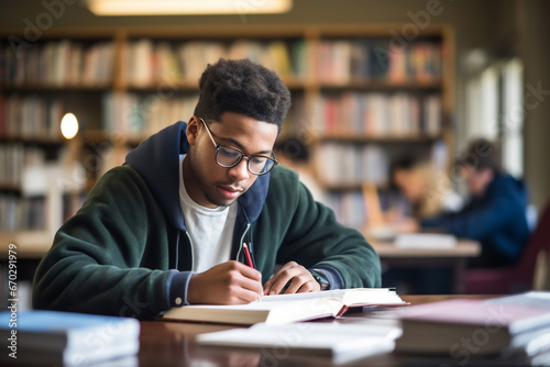 A young male african american student is studying while wearing glasses with a book in a busy school library on a table while writing on a notebook