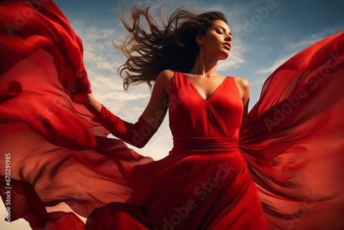 A beautiful stunning latin woman is spreading her arms while wearing a dress with eyes closed with flying waving red fabric with a sky as background ; a full waving red dress