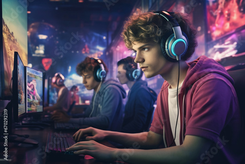 A young adolescent caucasian man is gaming on a computer with a headset on a computer while his friends are watching from behind gaming colorful computers fun