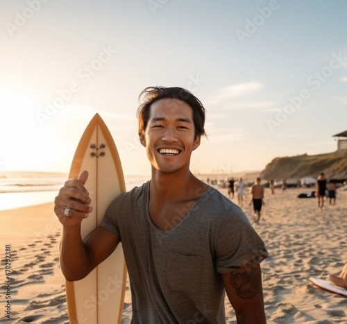A young asian man is is making a selfie while smiling with a professional camera on a beach with a surfboard a low tech social media guy