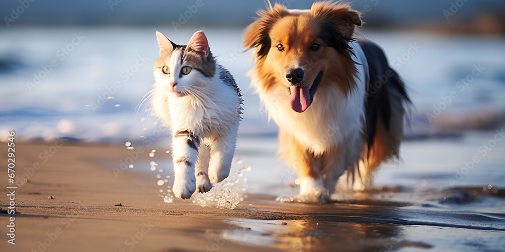 cute cat run and play with dog at beach, Adorable Cat and Dog Beach Playtime AI Generative 