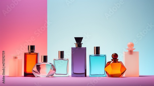 Contemporary perfume display with contrasting colors and shapes.