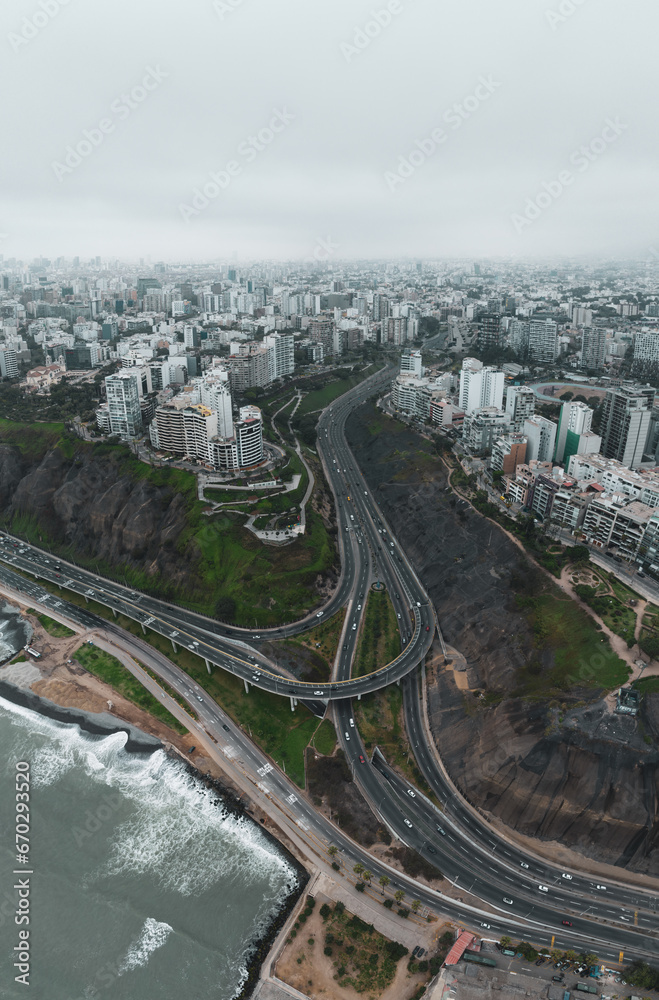 Aerial panoramic view of buildings in Miraflores and Barranco district in Lima.