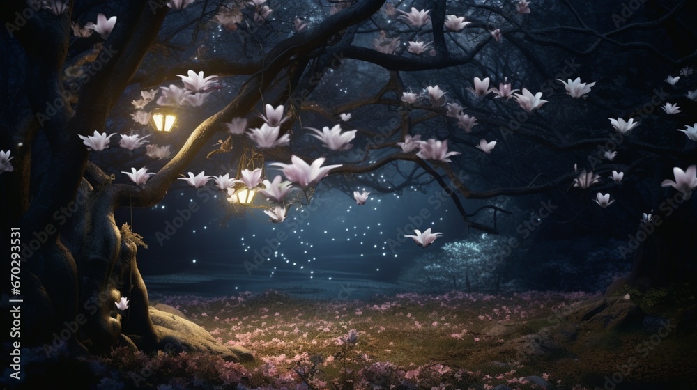 A dense forest of Moonlit Magnolia trees, with their white blossoms shimmering in the moonlight.