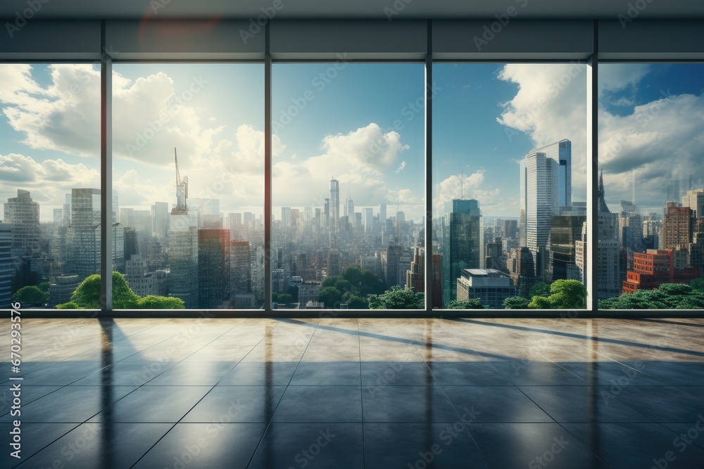 Fototapeta premium Unwind in an Empty Business Room with Captivating City View