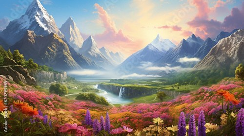 fairy tale valley with colorful flower and mountain background. beautiful fantasy landscape scene photo