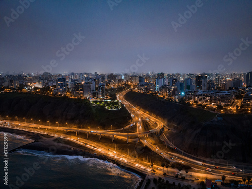 Aerial panoramic view of buildings in Miraflores and Barranco district in Lima. Night.
