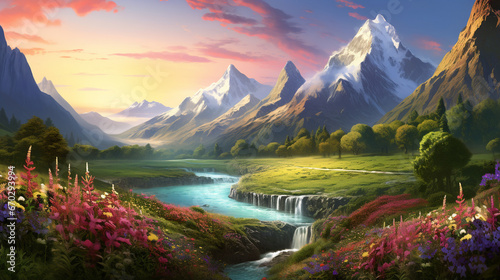 fairy tale valley with colorful flower and mountain background. beautiful fantasy landscape scene © piggu