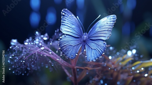 A dew-covered Butterfly Bluet, early in the morning, with intricate water droplets on its wings. photo